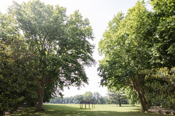 Vaste parc arboré du Château de Vergières avec un kiosque au loin, prêt pour une cérémonie de mariage en plein air à Saint-Martin de Crau.
